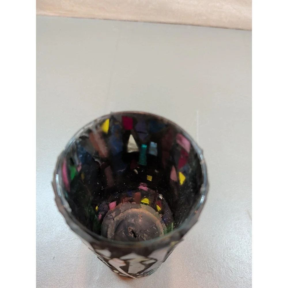 Designs by Annie Vintage Mosaic Glass Vase Handmade Multicolor Cylinder 9 inch